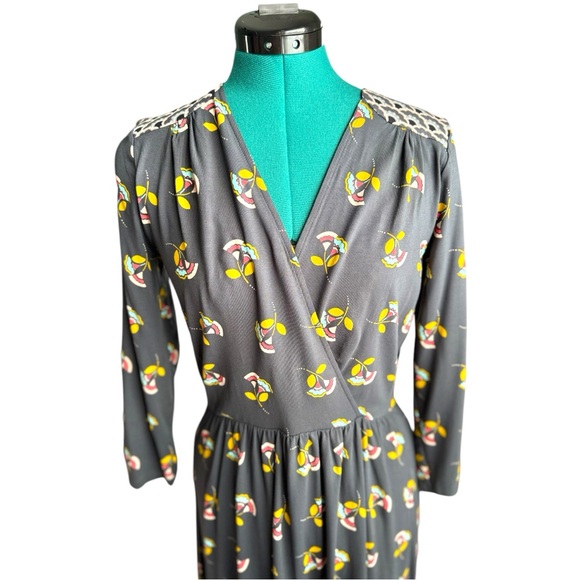 NWOT Boden Gray and Yellow Midi Sundress with Long Sleeves and V-Neck - Picture 7 of 9